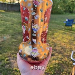 Bohemian Glass Gilt Pink Cranberry Ruby Enamel Flowers 10.25 H