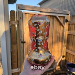 Bohemian Glass Gilt Pink Cranberry Ruby Enamel Flowers 10.25 H
