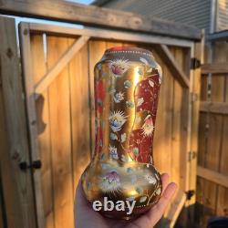 Bohemian Glass Gilt Pink Cranberry Ruby Enamel Flowers 10.25 H