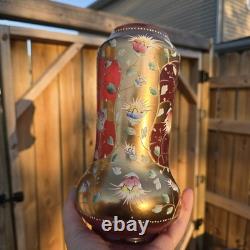 Bohemian Glass Gilt Pink Cranberry Ruby Enamel Flowers 10.25 H