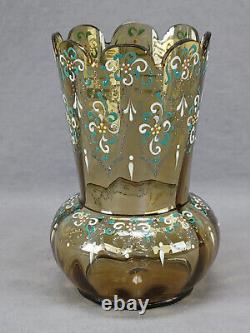 Bohemian Hand Enameled Floral Scrollwork Beaded Yellow Green Glass Vase