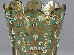 Bohemian Hand Enameled Floral Scrollwork Beaded Yellow Green Glass Vase