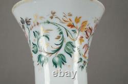 Bohemian Hand Enamelled Red Orange & Grey Floral White Opaline & Gold Vase B
