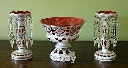 Bohemian Hand Painted & Cranberry Overlay Cut Glass Lustres Bowl Garniture Set