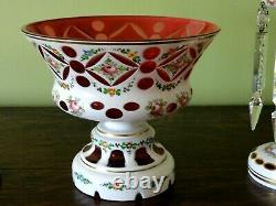 Bohemian Hand Painted & Cranberry Overlay Cut Glass Lustres Bowl Garniture Set