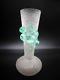 Bohemian Harrach Crackle Overshot Vaseline Green Applied Flower Art Glass Vase