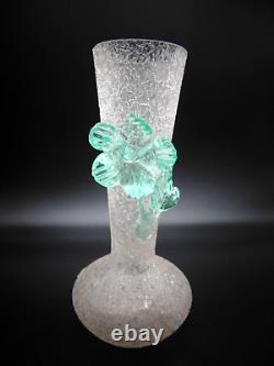 Bohemian Harrach Crackle Overshot Vaseline Green Applied Flower Art Glass Vase