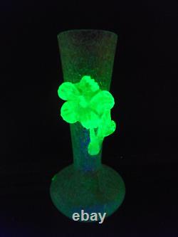 Bohemian Harrach Crackle Overshot Vaseline Green Applied Flower Art Glass Vase