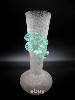 Bohemian Harrach Crackle Overshot Vaseline Green Applied Flower Art Glass Vase