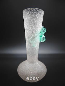 Bohemian Harrach Crackle Overshot Vaseline Green Applied Flower Art Glass Vase