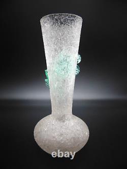 Bohemian Harrach Crackle Overshot Vaseline Green Applied Flower Art Glass Vase