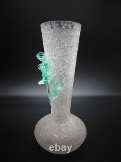 Bohemian Harrach Crackle Overshot Vaseline Green Applied Flower Art Glass Vase