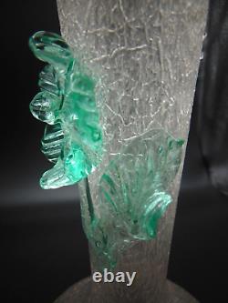 Bohemian Harrach Crackle Overshot Vaseline Green Applied Flower Art Glass Vase