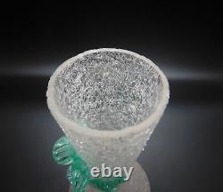 Bohemian Harrach Crackle Overshot Vaseline Green Applied Flower Art Glass Vase