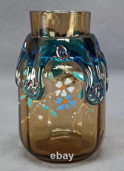 Bohemian Harrach Enamel Flowers Blue Rigaree & Amber Glass 3 7/8 Inch Vase