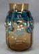 Bohemian Harrach Enamel Flowers Blue Rigaree & Amber Glass 3 7/8 Inch Vase