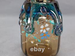 Bohemian Harrach Enamel Flowers Blue Rigaree & Amber Glass 3 7/8 Inch Vase