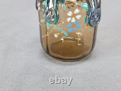 Bohemian Harrach Enamel Flowers Blue Rigaree & Amber Glass 3 7/8 Inch Vase