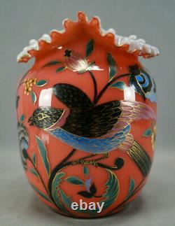 Bohemian Harrach Enameled Art Nouveau Birds & Flowers Pink Cased & Ruffled Vase