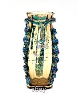 Bohemian Harrach Glass Vase Amber/Blue Rigaree Enamel Decor Czechoslovakia