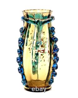 Bohemian Harrach Glass Vase Amber/Blue Rigaree Enamel Decor Czechoslovakia