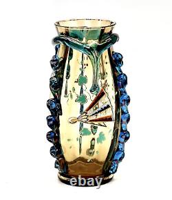 Bohemian Harrach Glass Vase Amber/Blue Rigaree Enamel Decor Czechoslovakia