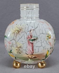 Bohemian Harrach Hand Enameled Lady & Flowers Malachite Glass Vase Circa 1870s
