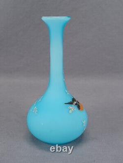 Bohemian Harrach / Josef Riedel Hand Enameled Bird & Gold Blue Cased Glass Vase