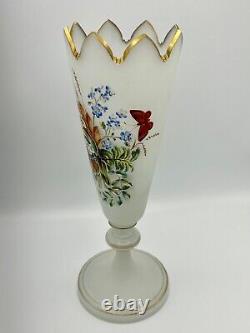 Bohemian Harrach Opaline Glass Hand Painted Enameled Vase Strawberries Butterfly