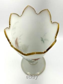 Bohemian Harrach Opaline Glass Hand Painted Enameled Vase Strawberries Butterfly