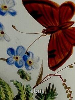 Bohemian Harrach Opaline Glass Hand Painted Enameled Vase Strawberries Butterfly