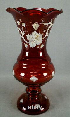 Bohemian Harrach White Enameled & Gold Grape Vine Ruby Flashed Vase C1860-1870