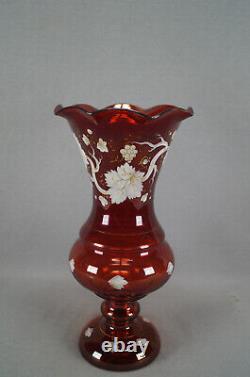 Bohemian Harrach White Enameled & Gold Grape Vine Ruby Flashed Vase C1860-1870