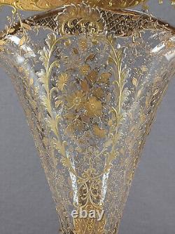 Bohemian Josephinenhutte Raised Gold Floral 14 5/8 Inch Trumpet Vase C. 1880-1900