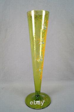 Bohemian Moser Type Enameled Blue White Orange Floral Yellow Green Trumpet Vase