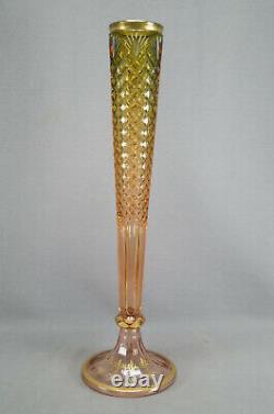 Bohemian Moser Type Green & Pink Cut Fans & Diamonds & Gold 19 3/4 Inch Vase