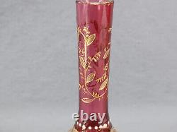 Bohemian Moser Type Hand Enameled White Gold & Platinum Floral Cranberry Vase