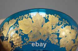 Bohemian Moser Type Intaglio Engraved & Gold Grapevine Peacock Blue Glass Bowl