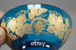 Bohemian Moser Type Intaglio Engraved & Gold Grapevine Peacock Blue Glass Bowl