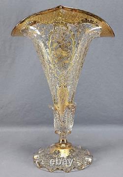 Bohemian Moser Type Raised Gold Floral 14 5/8 Inch Trumpet Vase Circa 1880-1900