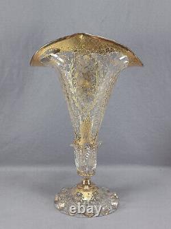 Bohemian Moser Type Raised Gold Floral 14 5/8 Inch Trumpet Vase Circa 1880-1900