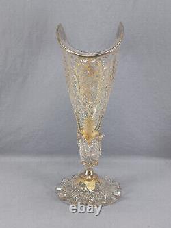 Bohemian Moser Type Raised Gold Floral 14 5/8 Inch Trumpet Vase Circa 1880-1900