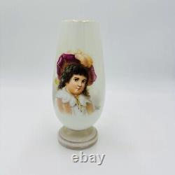 Bohemian Opaline Art Glass Vase Painted & Signed Portrait 9in Antique