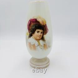 Bohemian Opaline Art Glass Vase Painted & Signed Portrait 9in Antique