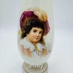 Bohemian Opaline Art Glass Vase Painted & Signed Portrait 9in Antique