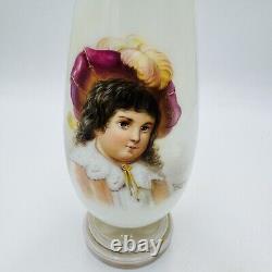 Bohemian Opaline Art Glass Vase Painted & Signed Portrait 9in Antique