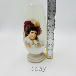 Bohemian Opaline Art Glass Vase Painted & Signed Portrait 9in Antique