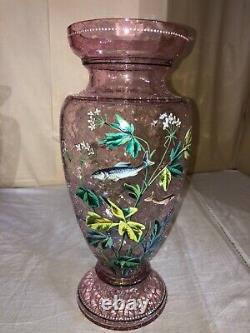 Bohemian Pink Enameled Crackle Glass-Underwater Scene-Fish, Plants-Victorian