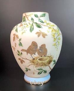 Bohemian Riedel Hand Painted Enameled Bird Custard Glass Vase Uranium 11 1/4