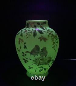 Bohemian Riedel Hand Painted Enameled Bird Custard Glass Vase Uranium 11 1/4